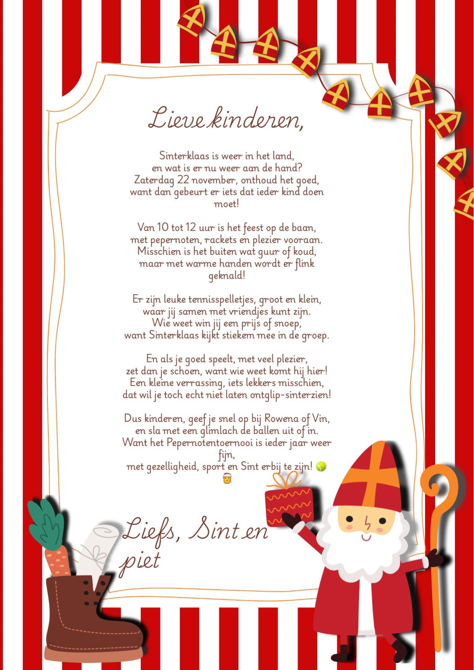 Brief van de Sint over 22 november voor het PEPERNOTENTOERNOOI!